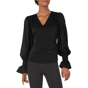 Aqua Womens Ruffled Sleeve V Neck Blouse Large